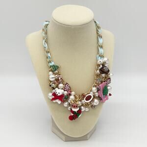 Betsey Johnson Christmas Bib Necklace Faux Pearls Snowman Hot Cocoa Gingerbread